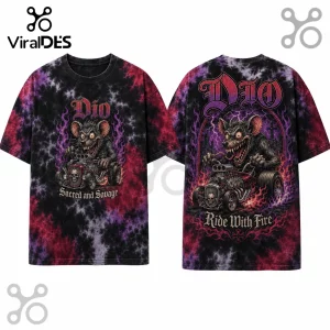 Dio band tie-dye t-shirt featuring a rat driving a hot rod, purple and red flames, and gothic typography.!