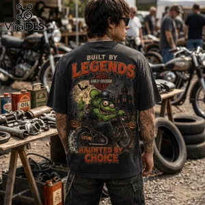 Rat Fink Biker Halloween Harley-Davidson T-Shirt featuring a green rodent on a motorcycle against a haunted house background.