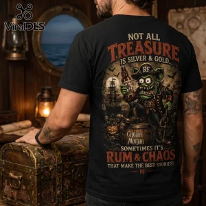 Rat Fink Haunted Treasure Captain Morgan T-Shirt featuring a green rodent pirate, rum bottle, ship, and spooky night scene.