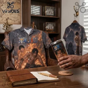 One Piece anime button-up shirt and tumbler featuring Luffy and Ace surrounded by fire graphics on a dark background.!