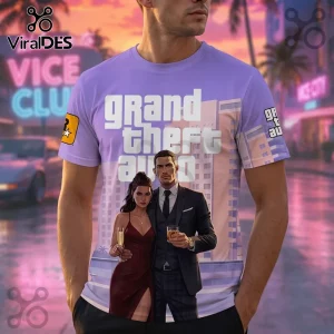 Lavender t-shirt featuring Grand Theft Auto logo, a couple in formal wear, and Miami-style neon city background.!