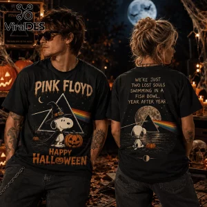 Snoopy Pink Floyd Dark Side of the Moon Halloween T-Shirt on two models with prism, Snoopy in witch hat, and lyrics.
