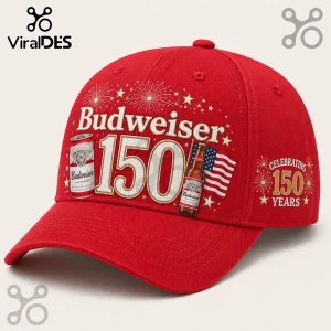 Budweiser 150th Anniversary Red Baseball Cap featuring a 150 logo, beer bottle, can, American flag, and fireworks graphic.