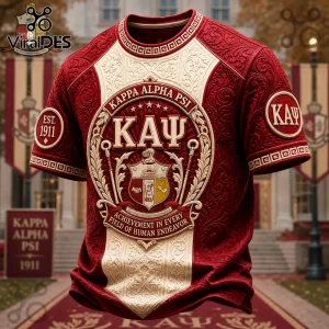 Kappa Alpha Psi crimson and cream embossed t-shirt with KAU Greek letters, shield crest, and 1911 est date embroidery.!