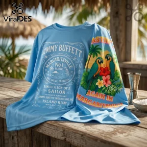 Jimmy Buffett Wastin Away Margaritaville Blue T-Shirt featuring a tropical rum bottle graphic and two parrots.