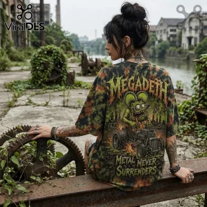 Woman wearing an oversized tie-dye Megadeth band t-shirt with Vic Rattlehead rat graphic and Metal Never Surrenders text.!