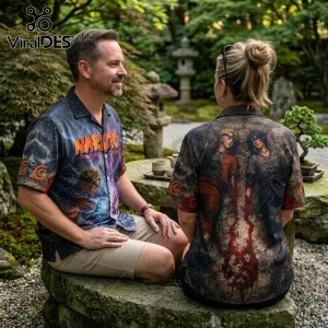 Man and woman wearing Naruto anime graphic short-sleeve button-down shirts with Naruto and Sasuke imagery in a Zen garden.!
