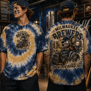 Milwaukee Brewers tie-dye t-shirt featuring a cartoon rat driving a hot rod, holding a beer mug and baseball graphic.!