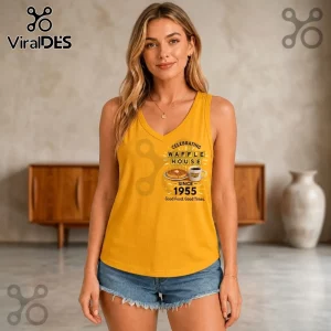 Waffle House Retro 1955 Logo V-Neck Tank Top in yellow with graphic featuring a plate of waffles and a coffee mug.