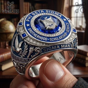 Phi Beta Sigma fraternity ring featuring a blue central stone, silver emblem, and Brotherhood, Scholarship, Service text.!