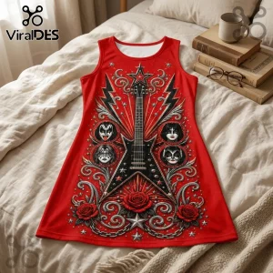 Red tank dress featuring a central black star-shaped guitar, KISS band member face art, silver filigree, and red roses.!