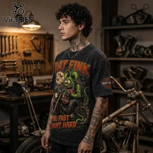 Rat Fink Biker Halloween Harley-Davidson T-Shirt featuring a green rodent character riding a motorcycle in a garage.