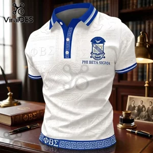 Phi Beta Sigma polo shirt in white with blue accents, featuring embossed Greek letters, dove icons, and organization crest.!