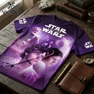 Purple Star Wars A New Hope graphic t-shirt featuring Luke, Leia, Obi-Wan, and Darth Vader on a wooden table surface.!