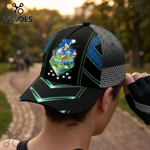 Sonic the Hedgehog 35th anniversary baseball cap with blue, black, and grey geometric mesh pattern and diamond graphic.!