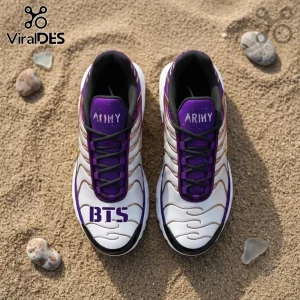 BTS ARMY Purple Galaxy Air Max Plus sneakers featuring a starry violet print, white base, and gold accents on sand.