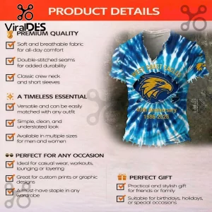 West Coast Eagles 40th anniversary t-shirt with blue and white tie-dye print, eagle mascot graphic, and distressed edges.!