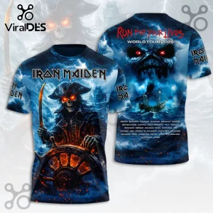 Iron Maiden Run For Your Lives 2026 tour t-shirt featuring Eddie as a pirate captain, blue lightning, and ship graphics.!