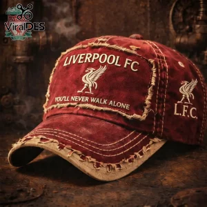 Distressed maroon Liverpool FC baseball cap featuring embroidered club crest, text, and tan frayed fabric edges.!