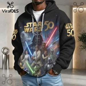 Star Wars 50th Anniversary Black Waffle Hoodie featuring Darth Vader, Luke Skywalker, and iconic characters in space.