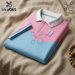 BTS x Army Custom Name Pink Polo Shirt featuring a two-tone pink and light blue design with a white collar and logo.