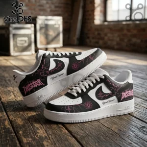 Dayseeker Neon Pulse Custom Nike Air Force 1 sneakers featuring black leather, pink lightning accents, and white soles.