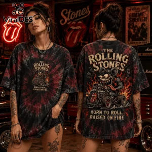 Black and red acid wash t-shirt featuring a cartoon rat driving a hot rod with The Rolling Stones text and flame art.!