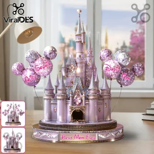 Personalized Magical Castle LED Light Sculpture with purple turrets, glitter accents, and balloons featuring custom names.