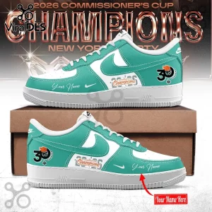 Custom New York Liberty 2026 Commissioner’s Cup Champions sneakers in teal and white with 30th season logo on shoe box.!
