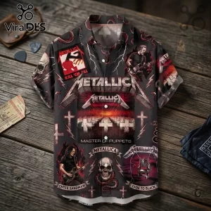 Metallica short-sleeve button-up shirt featuring Kill 'Em All, Master of Puppets, and Enter Sandman album art graphics.!