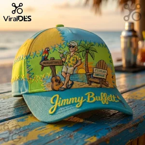 Jimmy Buffett Parrothead Tropical Baseball Cap featuring a beach scene, guitar, parrot, and signature on a teal background.