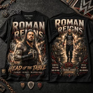 Roman Reigns black graphic t-shirt featuring Head of the Table and Tribal Chief text with WWE championship belt graphics.!