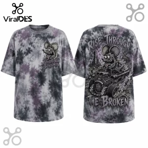 Tie-dye t-shirt featuring Breaking Benjamin logo and a cartoon rat driving a hot rod with Rise Through The Broken text.!