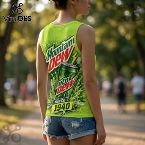 Mountain Dew Neon V-Neck Tank Top featuring a lime green soda can graphic and 1940 logo print on a sleeveless shirt.