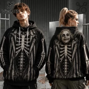 Beetlejuice Illustrated Skeleton Costume Hoodie featuring black pinstripe suit patterns and detailed skeletal ribcage prints.