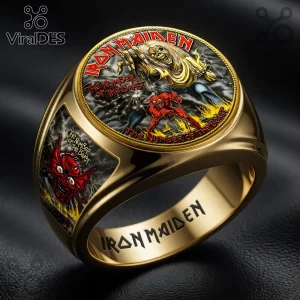 Gold signet ring featuring Iron Maiden Number of the Beast album art, including Eddie, a red devil, and band logo text.!