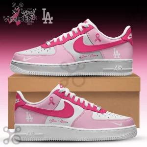 Los Angeles Dodgers sneakers featuring pink Breast Cancer Awareness ribbons, custom text space, and white leather accents.!