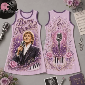 Barry Manilow purple tank dress with floral patterns, microphone, piano keys, and gold musical notes.!