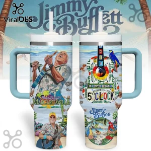 Jimmy Buffett Margaritaville 40oz Travel Handle Tumbler featuring tropical scenes, guitar player, and license plate art.