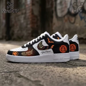 Custom Rise Against and Dropkick Murphys sneakers in black and white with orange skull, clover, and heart graphics.!