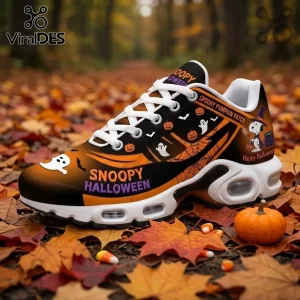 Snoopy Halloween athletic sneaker with orange and black pumpkin, ghost, and witch graphics on a fall leaf background.!