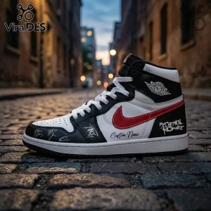 High-top sneaker in black, white, and red leather with My Chemical Romance logo, custom name text, and autograph graphics.!