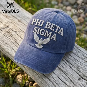 Blue denim baseball cap with PHI BETA SIGMA text and a white dove emblem embroidered on the front panel.!