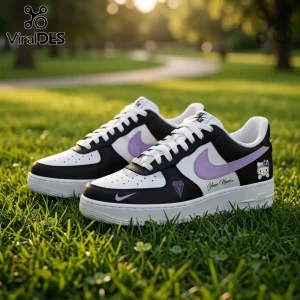 Golden State Valkyries Hello Kitty Custom Nike Air Force 1 shoes with black and white panels and lavender swoosh logos.