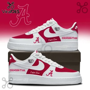 Custom Alabama Crimson Tide sneakers with white and red leather, elephant logo, and text reading Alabama Crimson Tide.!