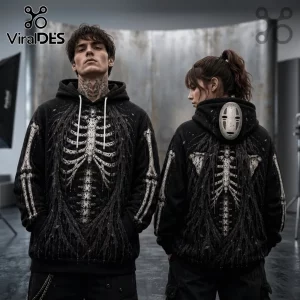 No Face Kaonashi Skeleton Streetwear Hoodie in black featuring white rib cage graphic and character mask on the back.