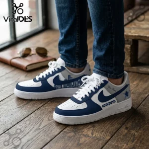 Dallas Cowboys Navy Blue Skyline Air Force 1 Sneakers featuring a white leather base, team logo, and city skyline print.