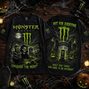 Monster Energy Halloween Unleash The Beast T-Shirt featuring a black garment with grim reaper and graveyard graphics.