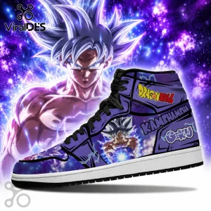 Dragon Ball high-top sneaker featuring Ultra Instinct Goku, purple cosmic background, and black laces on a white sole.!