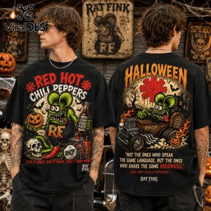 Red Hot Chili Peppers x Rat Fink Halloween Mascot T-Shirt featuring a green rodent graphic on a black cotton background.